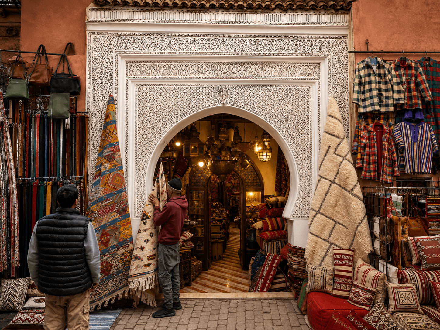 Entrance to the Marrakech rug bazaar, with rugs, poufs and pillows on display