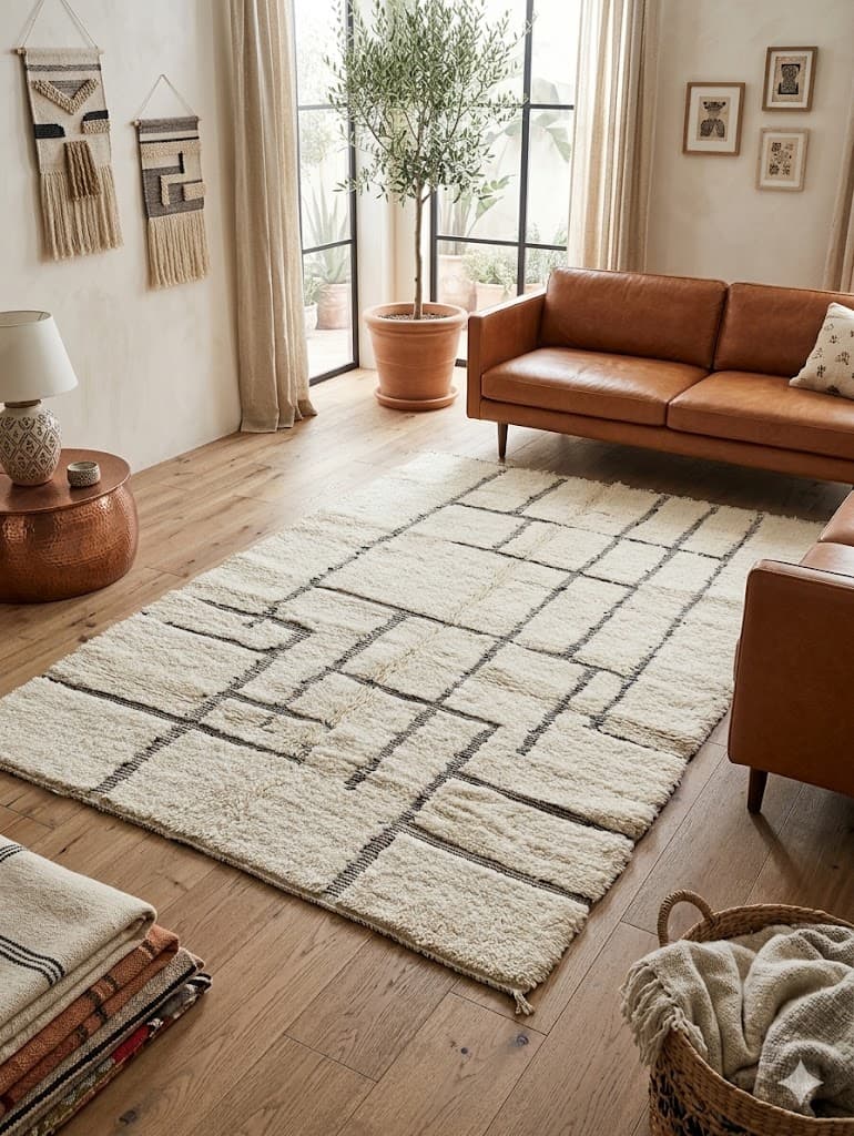 Handmade Moroccan rug in a warm neutral living room with soft natural light
